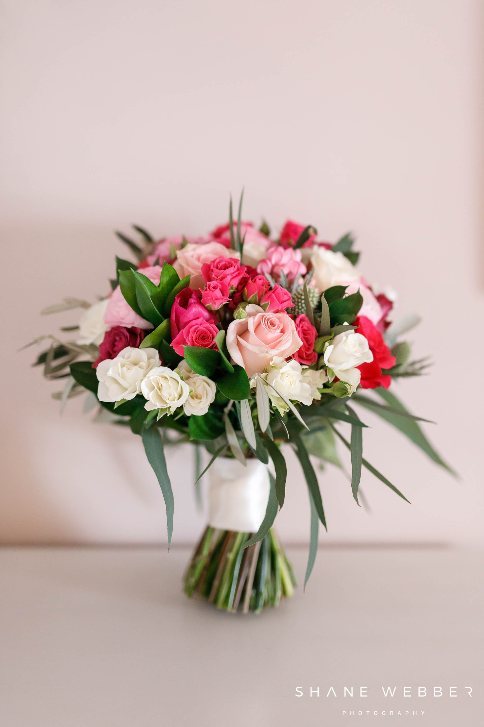 Pink, red and white wedding bouquet